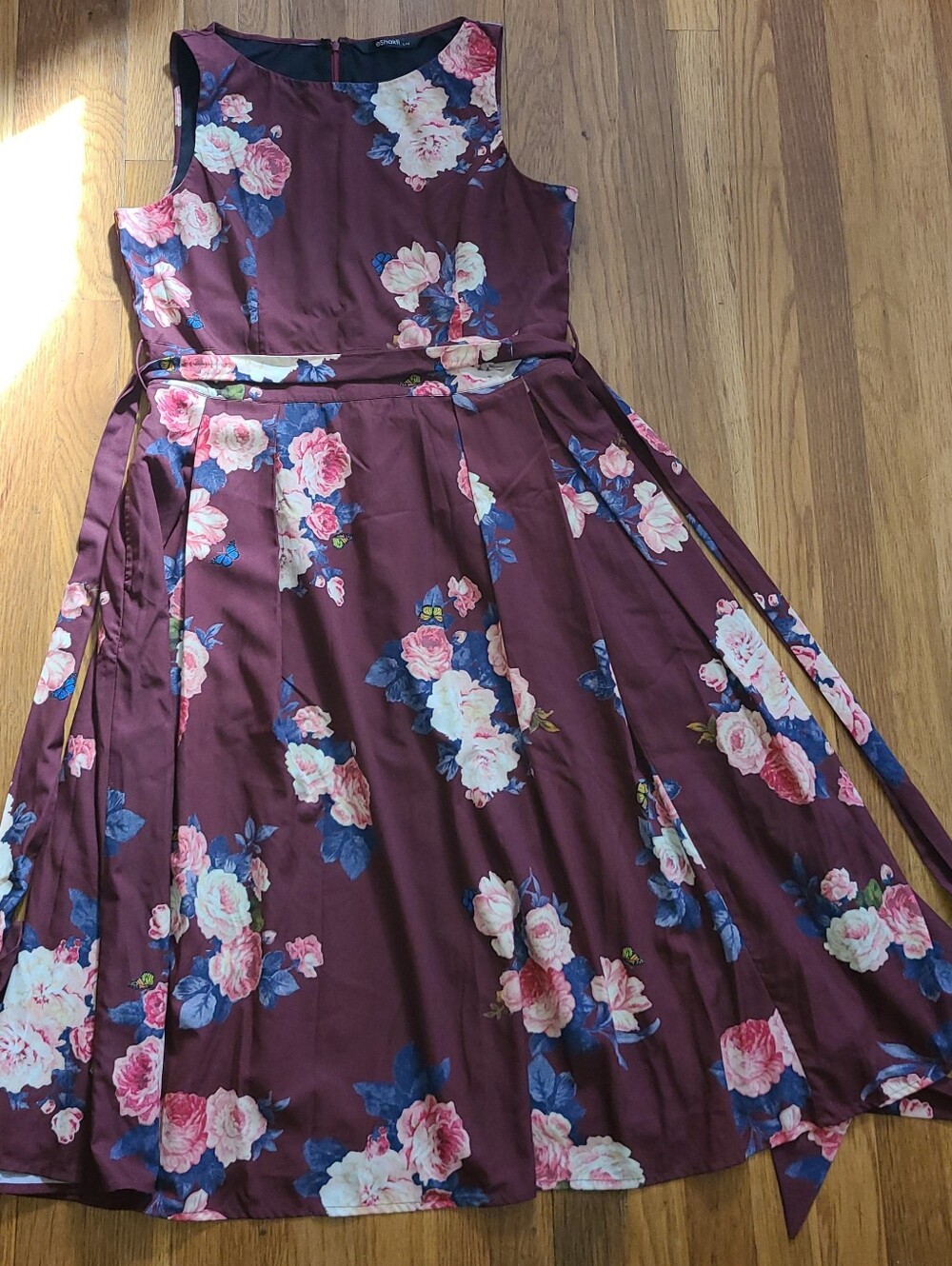 Eshakti Burgundy Floral Fit-and-Flare Dress with Pink Roses Sz L-14